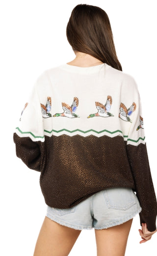 Queen Of Sparkles Brown & Ivory Colorblock Duck Rhinestone Sweater