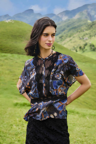 Farm Rio Snakes Bouquet Black Blouse