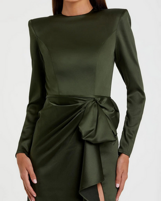 TS Mac Duggal Dark Green Long Sleeve Satin Structured Bow Draped Column Gown