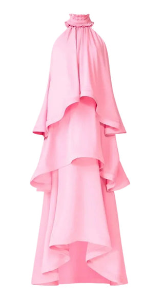 Elliatt Calista Ruffle Neck Tiered Gown In Pink