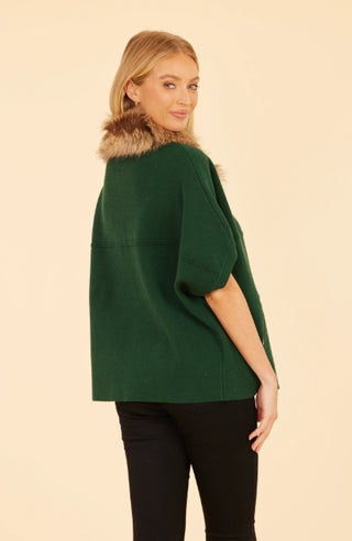 Dolce Cabo Faux Fur Collar Short Sleeved Green Cardigan