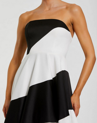 TS Mac Duggal Black and White Striped Satin Strapless Ball Gown