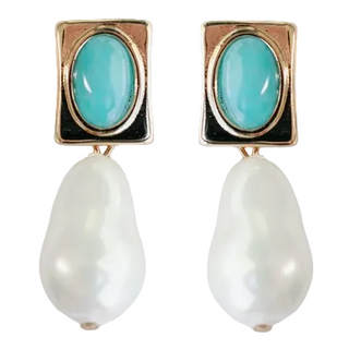 St Armands Designs Of Sarasota Vintage Square Turquoise And Natural Pearl Drop Earrings - Turquoise