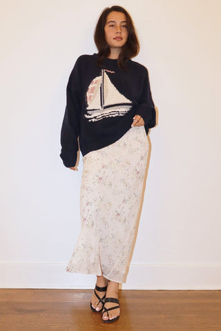 Bailey Rose Sailboat Knit Fuzzy Sweater in Navy