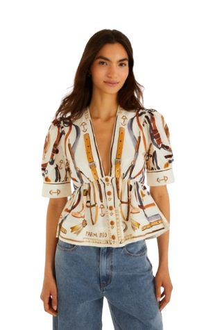 Farm Rio Equestrian Scarf Winter White Short Sleeve Blouse