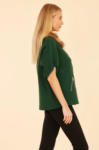Dolce Cabo Faux Fur Collar Short Sleeved Green Cardigan