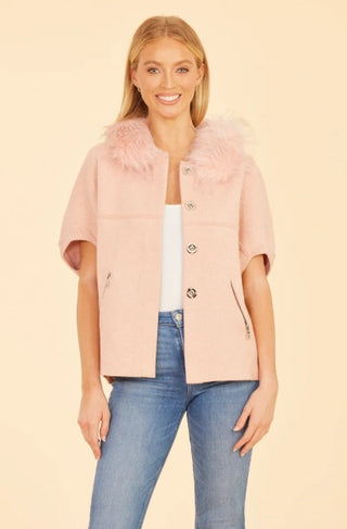 Dolce Cabo Faux Fur Collar Short Sleeved Blush Cardigan