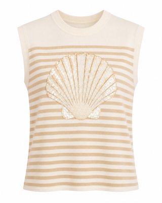 Queen Of Sparkles Ivory & Tan Striped Shell Knit Tank