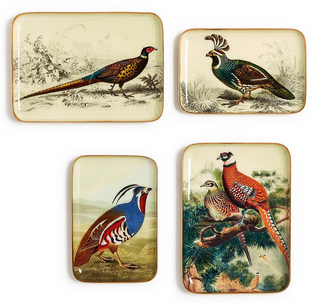 Two's Company Pheasants Set of 4 Metal Trinket / Desk Trays Includes 4 Designs / 2 Sizes