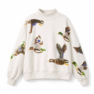 Queen Of Sparkles Ivory Flying Ducks Mock Neck Sweatshirt