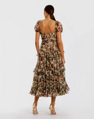 TS Mac Duggal Beige Chiffon Ruffle A Line Midi Dress with Puff Sleeves