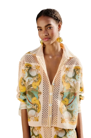 Farm Rio Royal Sea Multicolor Crochet Detail Shirt