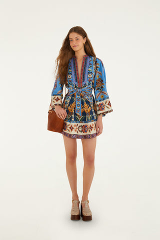 Farm Rio Embroidered Tapestry Blue Mini Dress