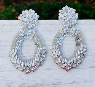 Monkee Collection Floral Oval Silver Beaded Statement Earrings/ Holiday/ Christmas/ New Years Eve