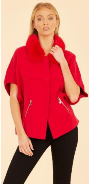 Dolce Cabo Faux Fur Trimmed Cocoon Cardigan in Red