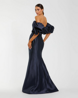 TS Mac Duggal Navy Sweetheart Off The Shoulder Puff Sleeve Gown