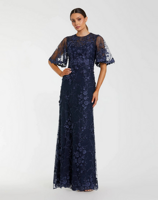 TS Mac Duggal Navy Flutter Sleeve Floral Embroidered Net Gown