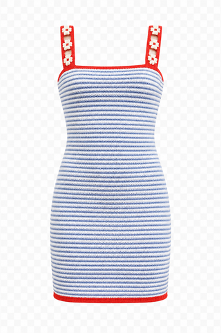 Bailey Rose Crochet Stripe Floral Strap Mini Dress in Marine
