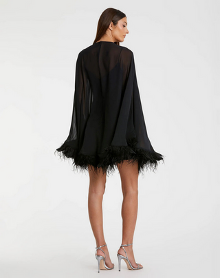 TS Mac Duggal Black Trapeze Feather Trim Mini Dress