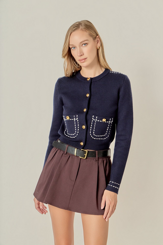 English Factory Stitch Detail Puff Sleeve Cardigan