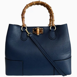 Modarno Women's Bag in Genuine Leather with Real Bamboo Handalls in Blue