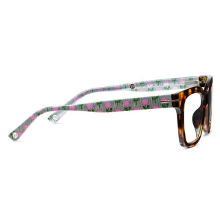 Peepers x Laura Park Buzzworthy Tortoise/Marigold Ticking Stripe Pink Blue Light Glasses
