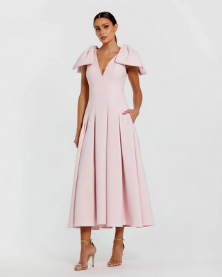 TS Mac Duggal Pink Crepe A Line Midi Dress With Bow Straps