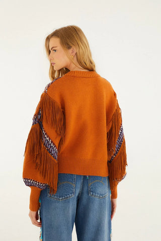 Farm Rio Arabesque Scarf Fringe Knit Sweater