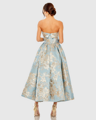 TS Mac Duggal Blue Strapless Brocade Midi Dress with Pockets