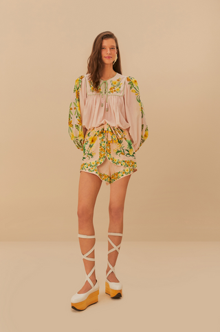 Farm Rio Botanical Beauty Pink Long Sleeve Blouse / Botanical Beauty