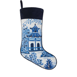 Peking Handicraft Chinoiserie Pagoda Embroidered Stocking