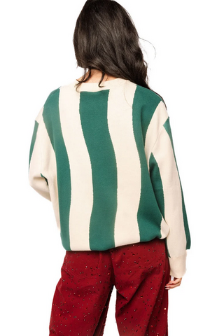 Queen Of Sparkles Teal & Beige Wavy Stripe Pheasant Sweater