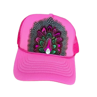 Monkee Collection Bright Pink Cosmic Cowgirl Feathered Trucker Hat Ranch Glam
