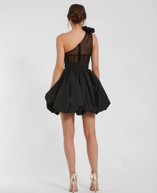 TS Mac Duggal Black Taffeta One Shoulder Ruffle Bubble Mini Dress