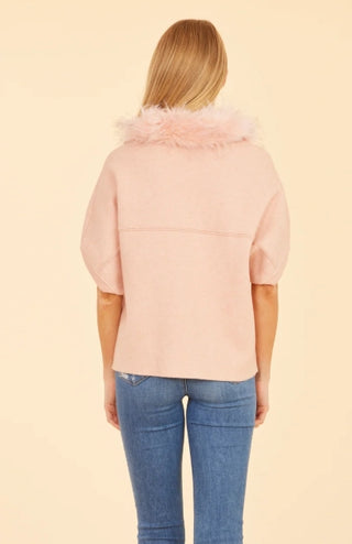 Dolce Cabo Faux Fur Collar Short Sleeved Blush Cardigan