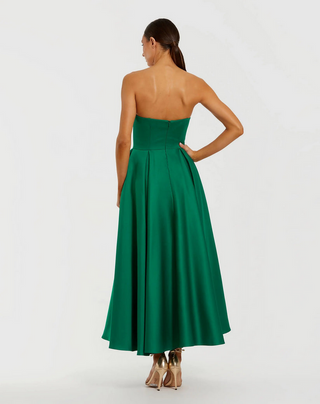 TS Mac Duggal Green Strapless Satin A Line Midi Dress With 3D Flower