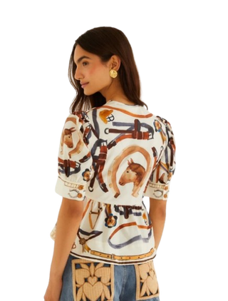 Farm Rio Equestrian Scarf Winter White Short Sleeve Blouse