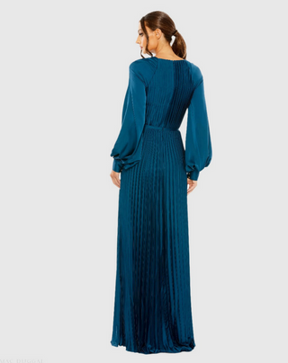 TS Mac Duggal Blue Pleated High Neck Raglan Long Sleeve Side Slit Gown
