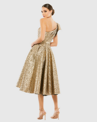 TS Mac Duggal Gold One Shoulder Bow Midi Dress