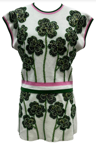 Queen Of Sparkles Beaded Shamrock Top / White