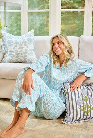 Brooks Avenue Scalloped Blue Chintz Pajama Set Long