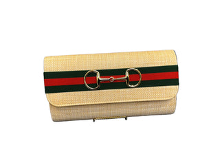 Lisi Lerch Avery Straw Clutch / Green And Red Band With Snaffle Bit