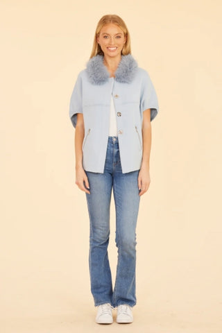 Dolce Cabo Faux Fur Collar Short Sleeved Baby Blue Cardigan