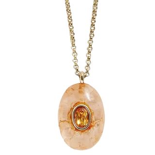 Hoopla Genuine Gemstone Drop Cz  Stainless Steel 18k Pvd Necklace - Citrine