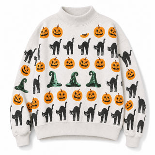 Queen Of Sparkles White Pumpkin, Cat & Witch Hat Mock Neck Sweatshirt