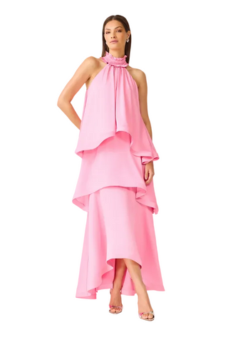 Elliatt Calista Ruffle Neck Tiered Gown In Pink