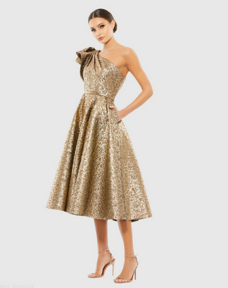 TS Mac Duggal Gold One Shoulder Bow Midi Dress