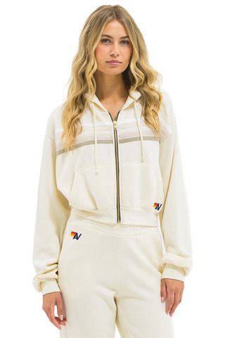 Aviator Nation 5 Stripe Cropped Zip Hoodie Relaxed in Vintage White / White Grey