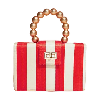 Soli & Sun Red Cream Stripe Buntal Clutch Gold Handle Bag | Fall Resort