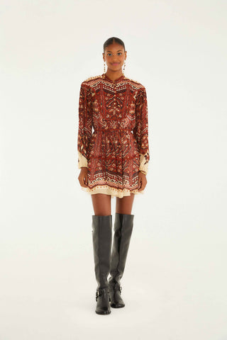 Farm Rio Ainika Pineapple Tapestry Sand Long Sleeve Mini Dress